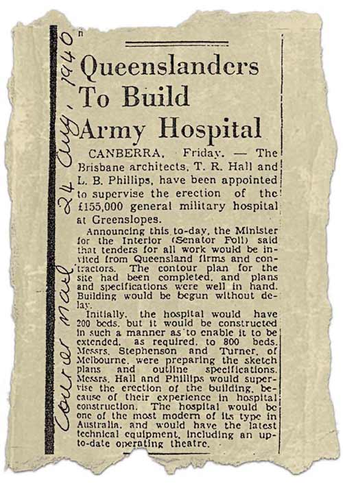 The Courier Mail report of the decision to build the general military hospital at Greenslopes, 24th August, 1940